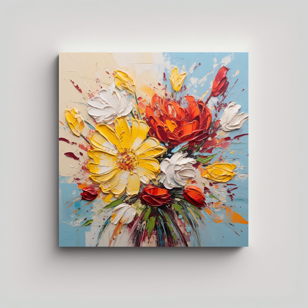 GENERICO - Cuadro De Flores Amarillas Y Rojas En Lienzo 70x70 Cm