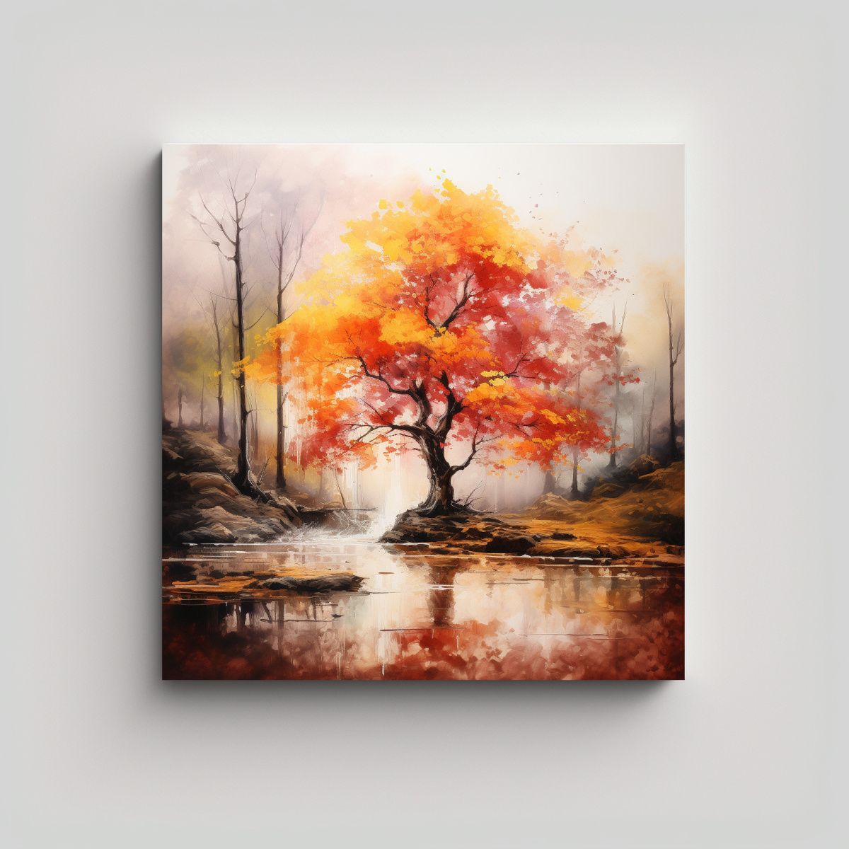 GENERICO - Cuadro Acuarela Color Rojo Y Dorado De Un árbol 80x80 Cm