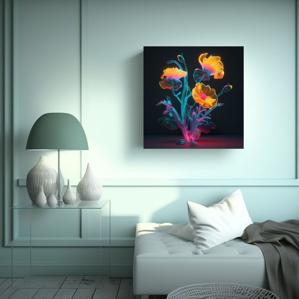 GENERICO - Cuadro Moderno Minimalista Neon Flowers Detalles 70x70 Cm