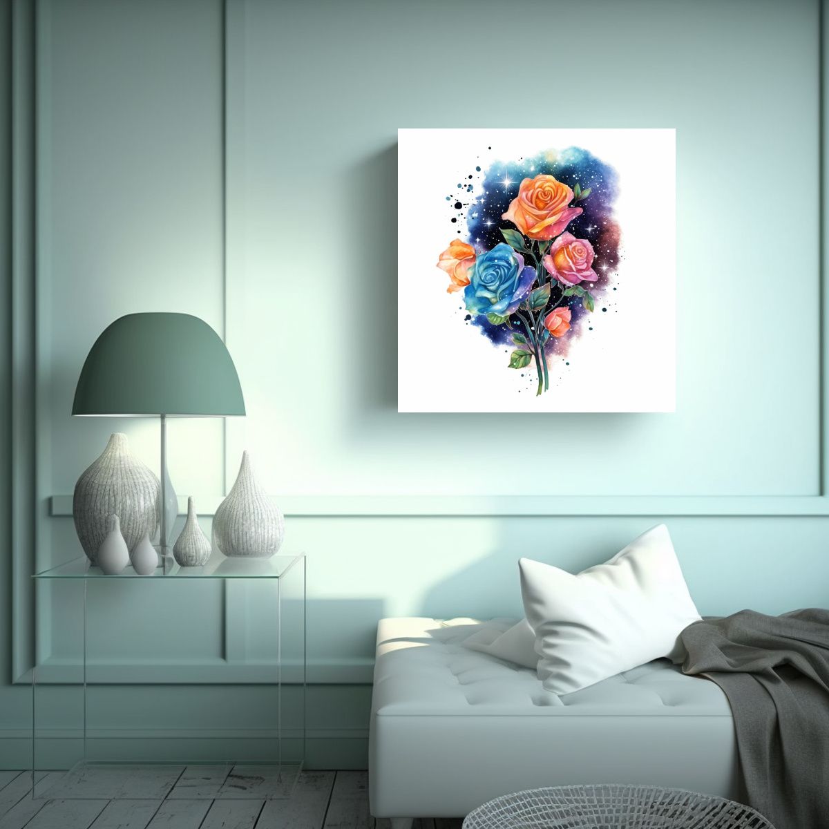 GENERICO - Cuadro Moderno De Rosas Cósmicas Luminosas En 90x90 Cm.