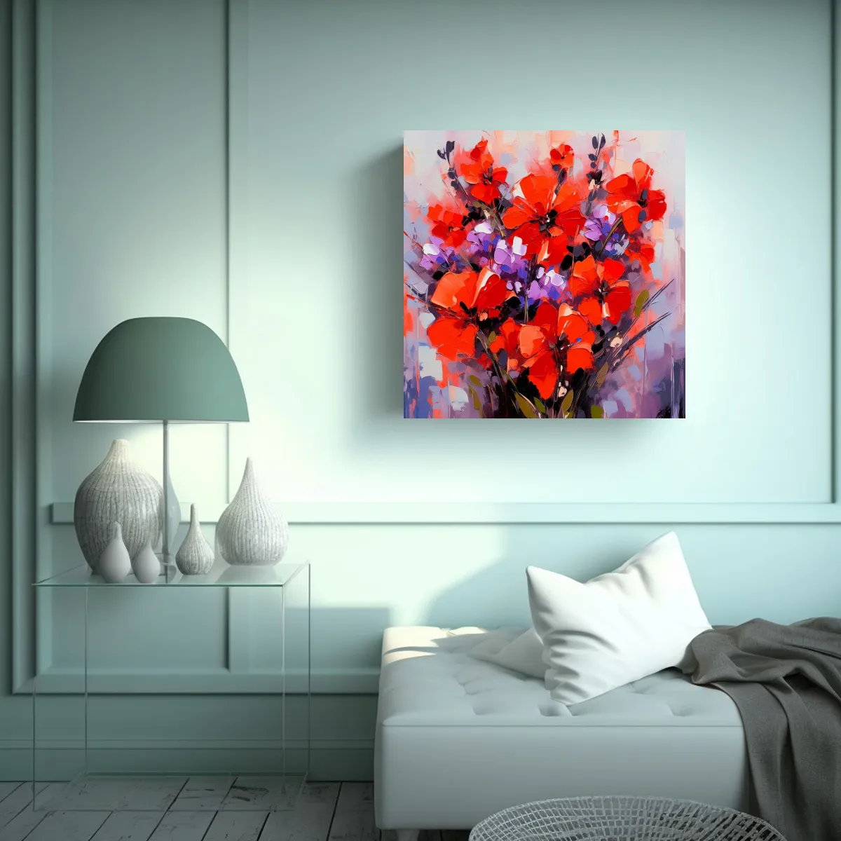GENERICO - Pintura De Flores En Lienzo En Colores Púrpura Y 70x70 Cm.