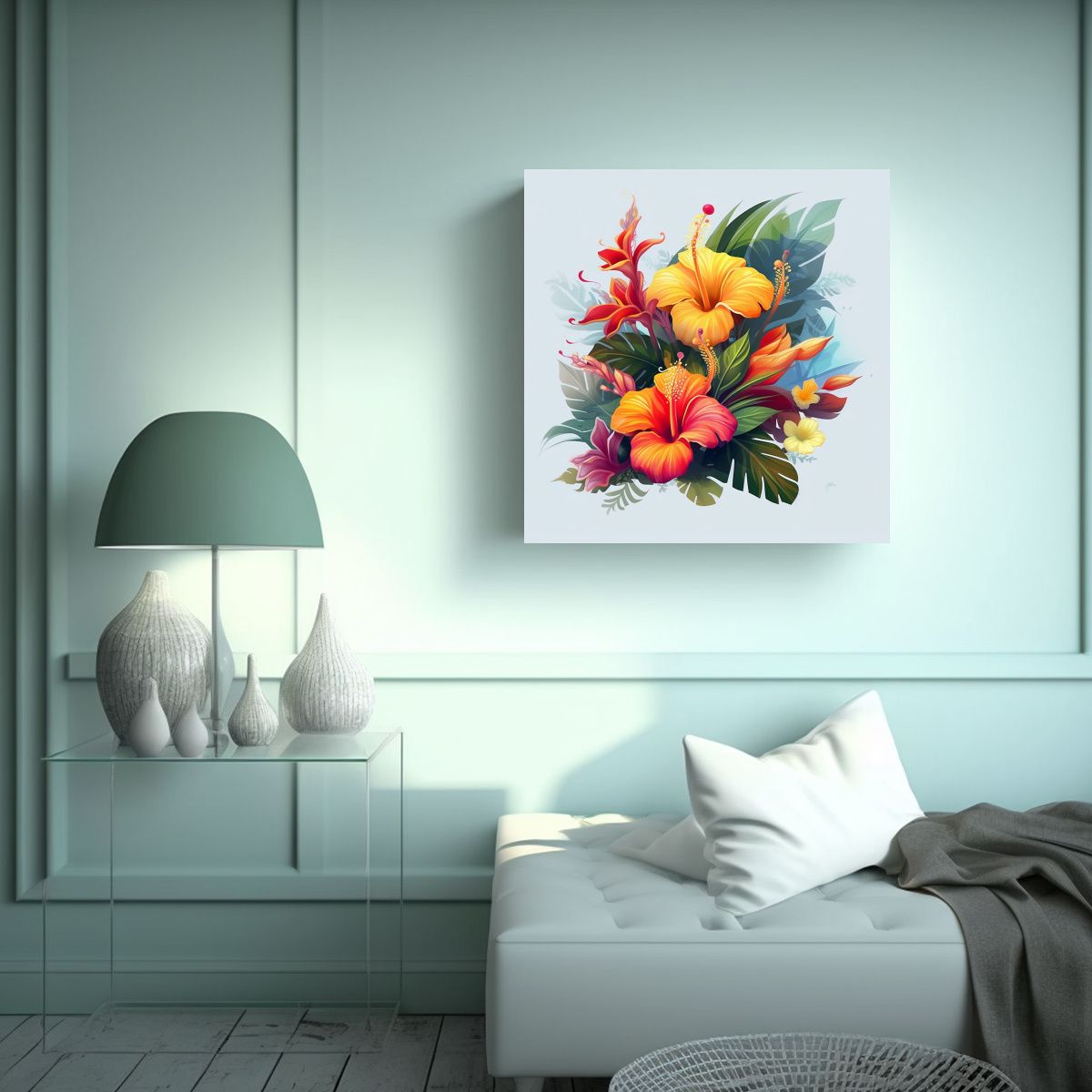 GENERICO - Composición Tropical Flores Aisladas En Cuadros 70x70 Cm.