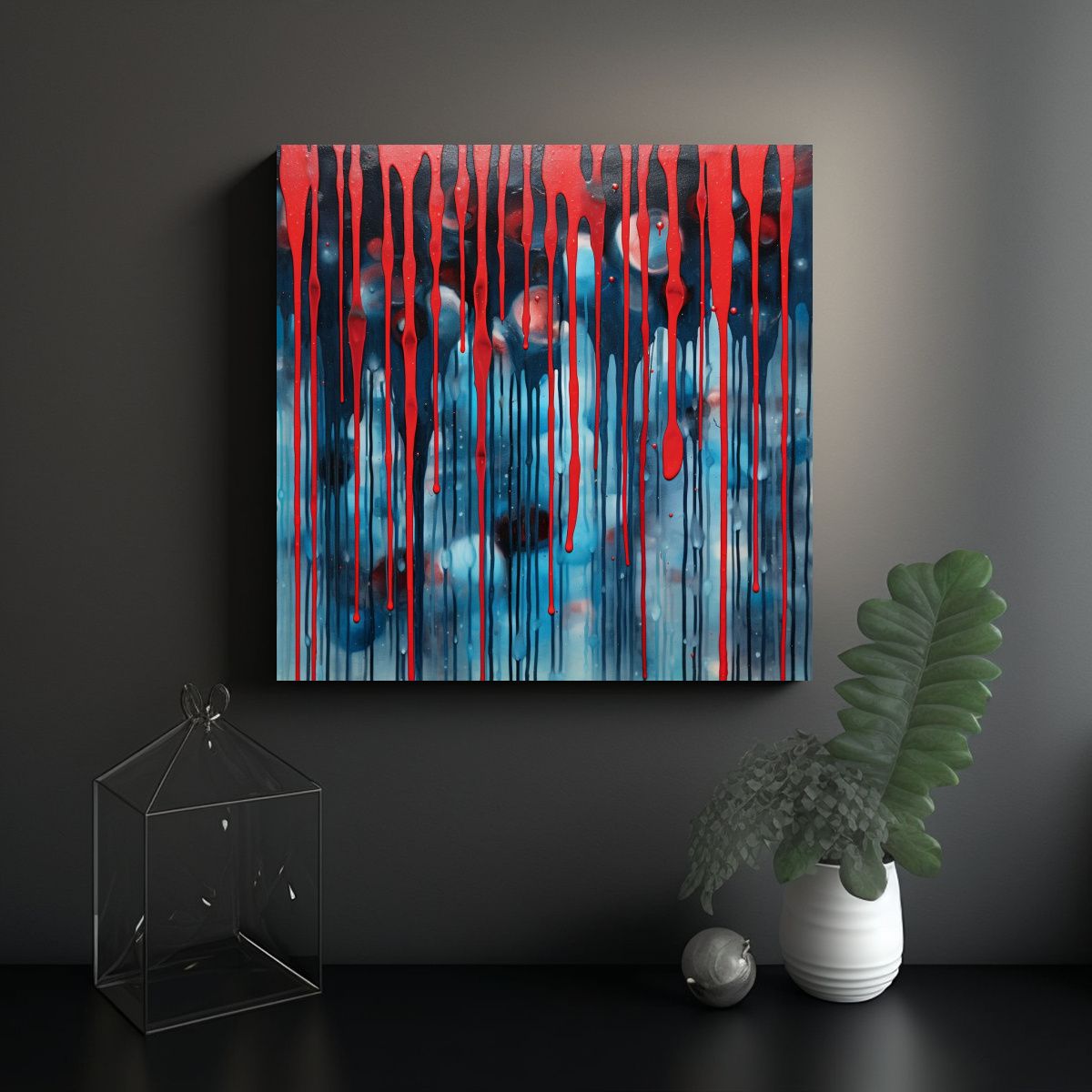 GENERICO - Cuadro Abstracto Con Figuras Azules Y Gotas Rojas 70x70 Cm