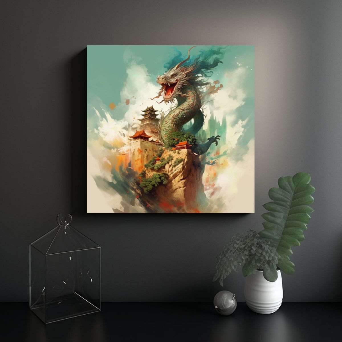 GENERICO - Pintura En Tela De Dragón Volador Sobre Escena 70x70 Cm