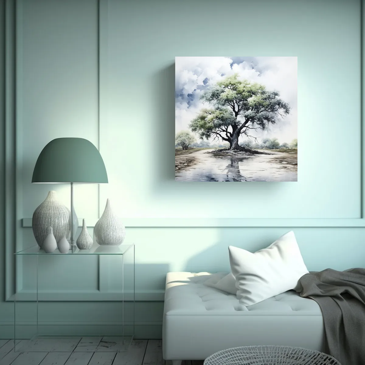 GENERICO - Lienzo De Tela Con árbol De Acacia Blanco Y 80x80 Cm