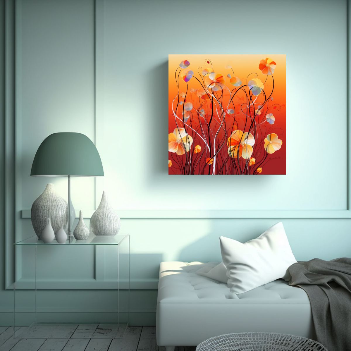 GENERICO - Arte Abstracto Flores Lineales En Bastidor 90x90 Cm