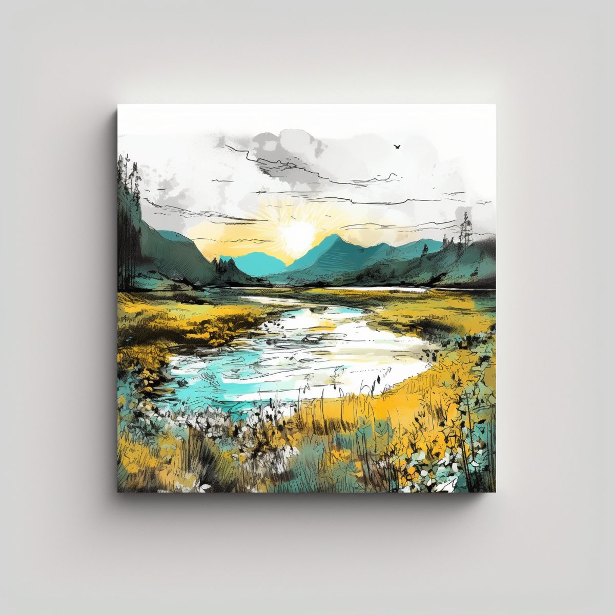 GENERICO - Pintura Abstracta Impacto Visual Paisaje Río 80x80 Cm