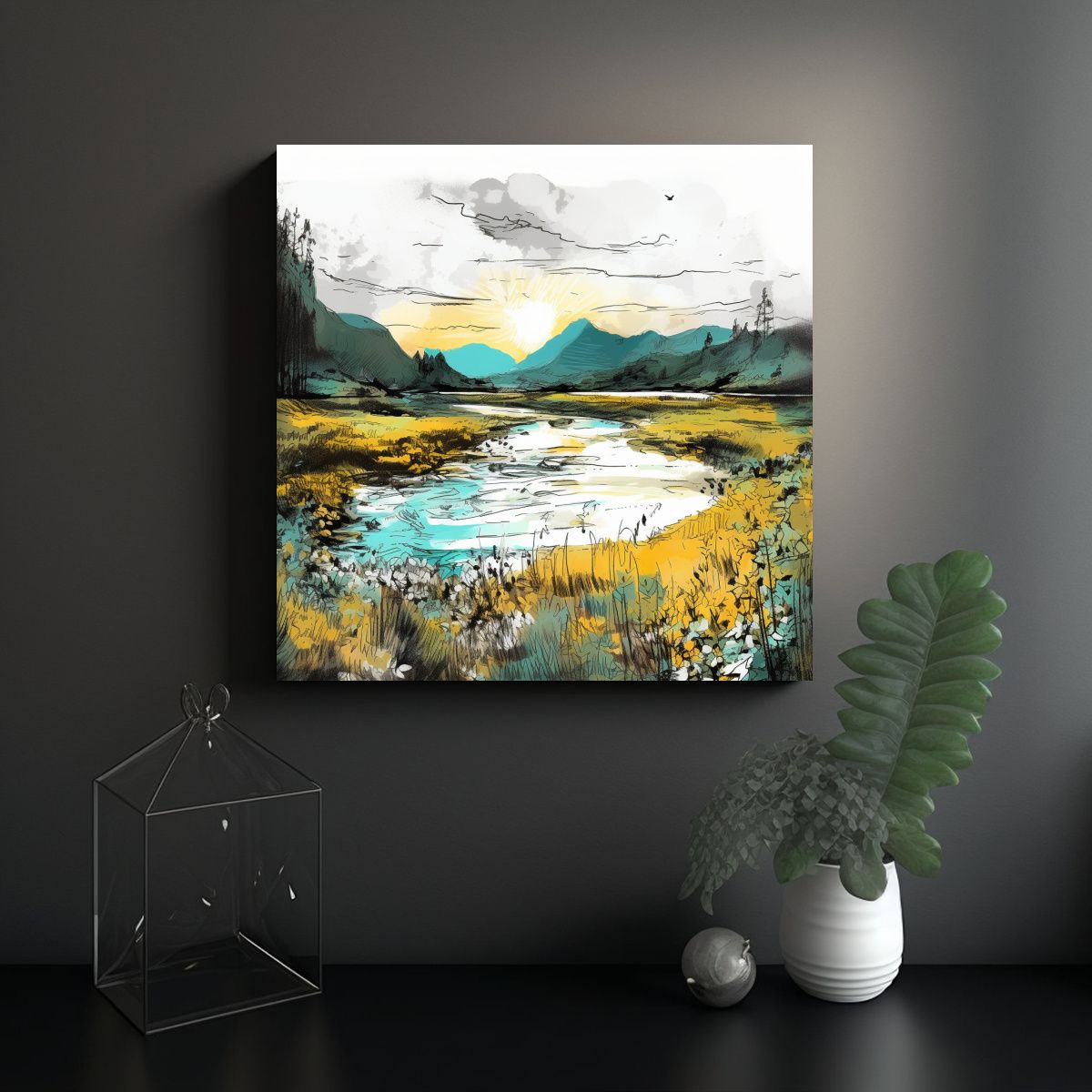 GENERICO - Pintura Abstracta Impacto Visual Paisaje Río 80x80 Cm