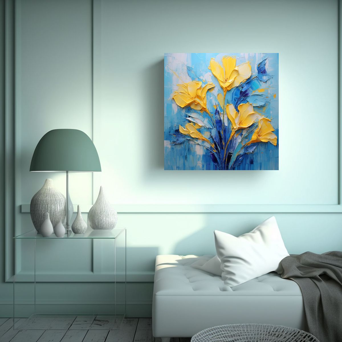 GENERICO - Cuadro De Flores Amarillas Y Azules Para 80x80 Cm