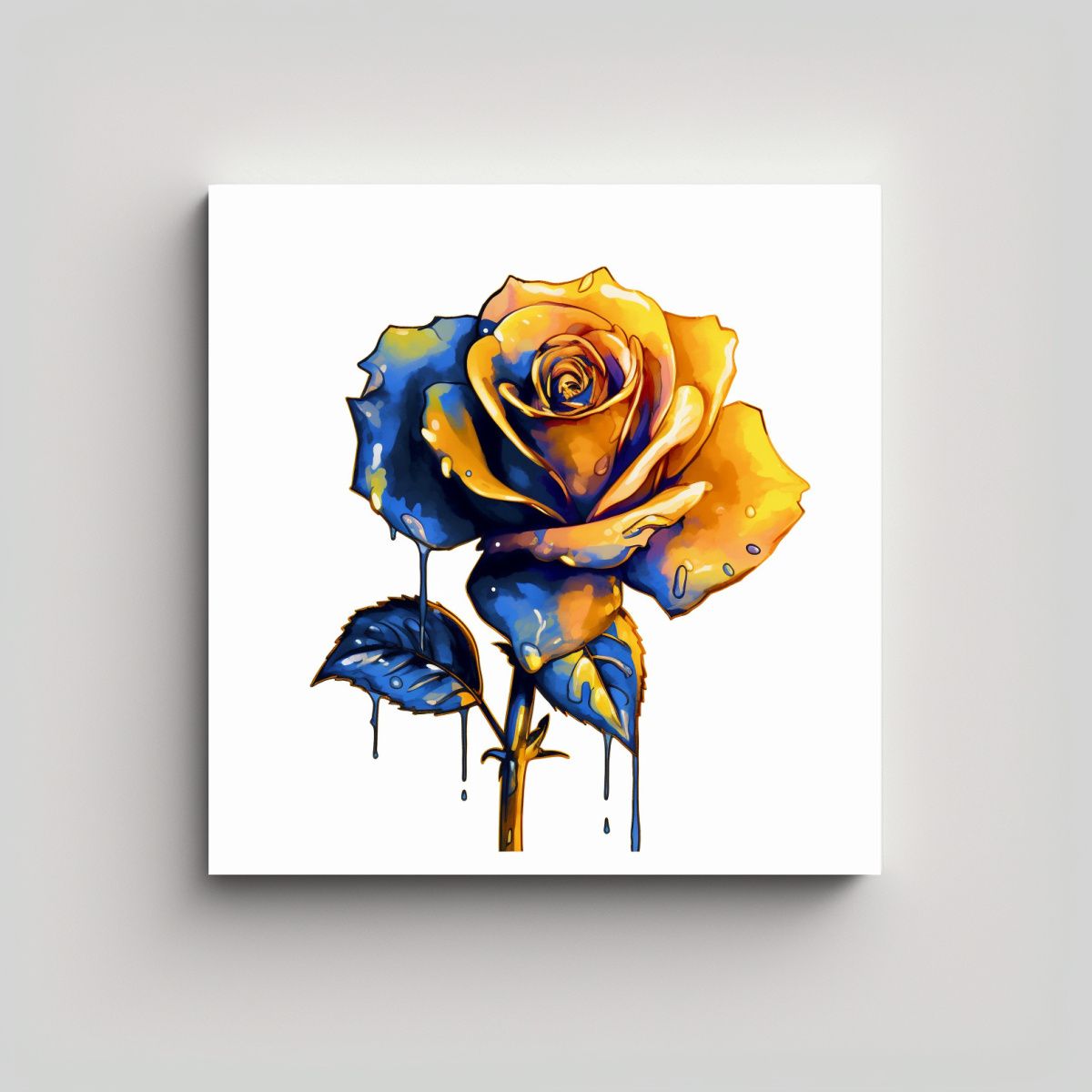 GENERICO - Cuadro Azul Amarillo De Rosa Acuarela Con Fondo 70x70 Cm