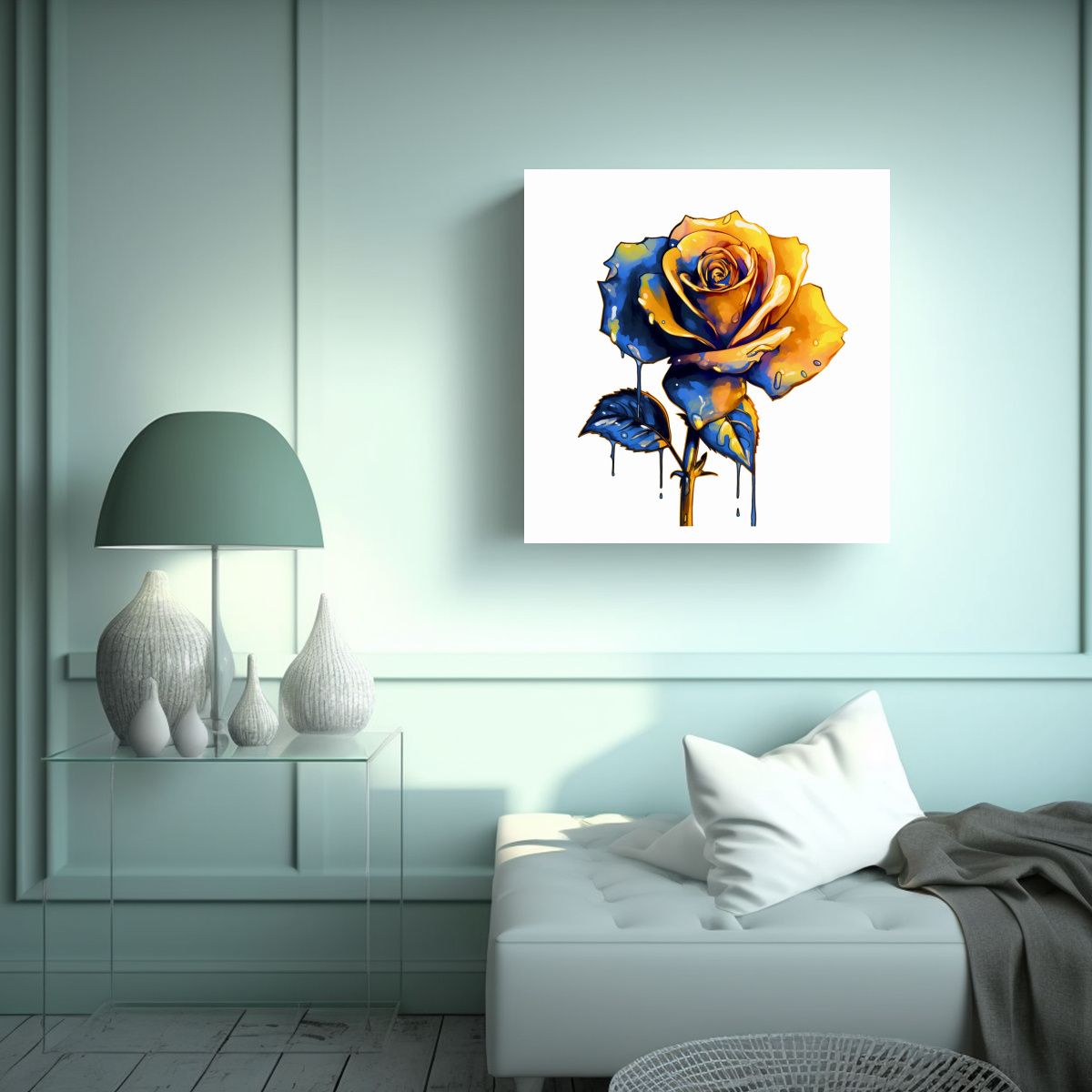 GENERICO - Cuadro Azul Amarillo De Rosa Acuarela Con Fondo 70x70 Cm