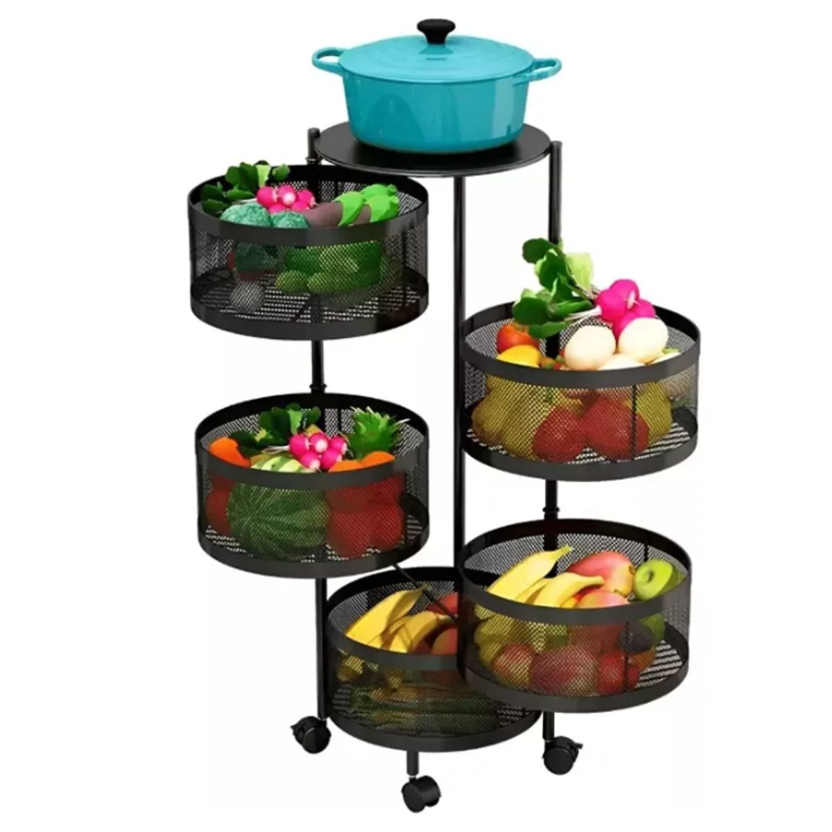 GENERICO - Carrito Verdulero Organizador 5 Cestas Estante Metálico Giratorio