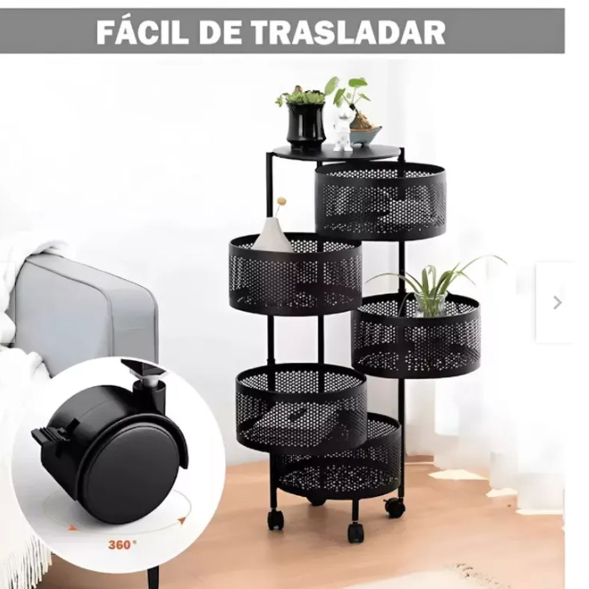 GENERICO - Carrito Verdulero Organizador 5 Cestas Estante Metálico Giratorio