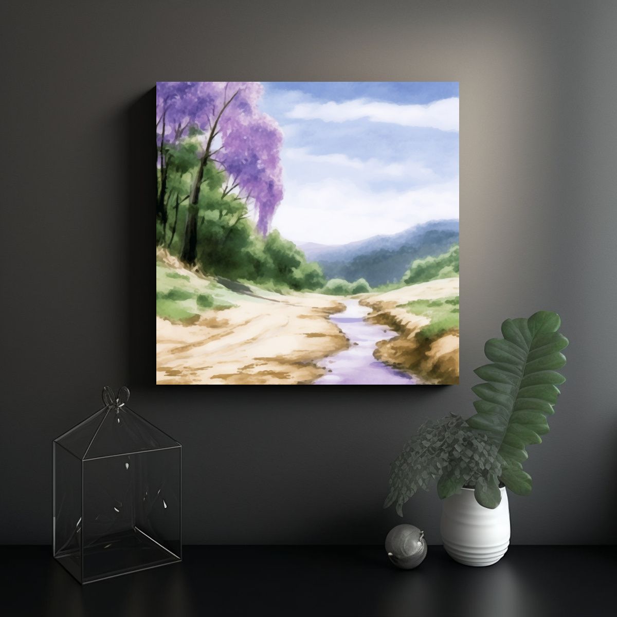 GENERICO - Pintura Acuarela Paisaje Bosque Camino Cielo 90x90 Cm
