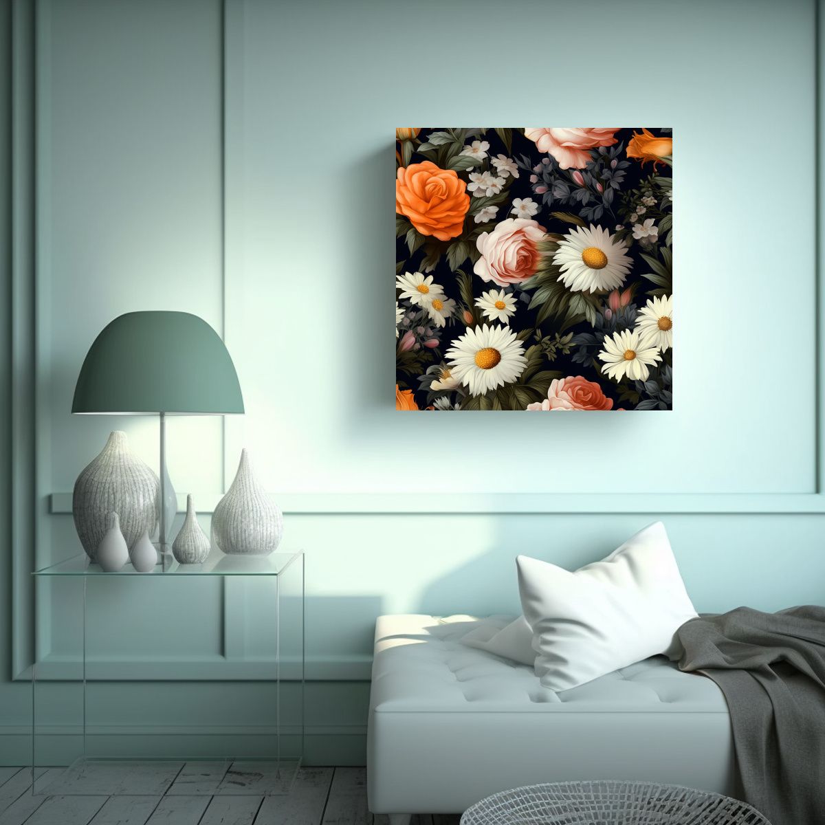 GENERICO - Acuarela Living Hermosas Margaritas Y Rosas Al 70x70 Cm.