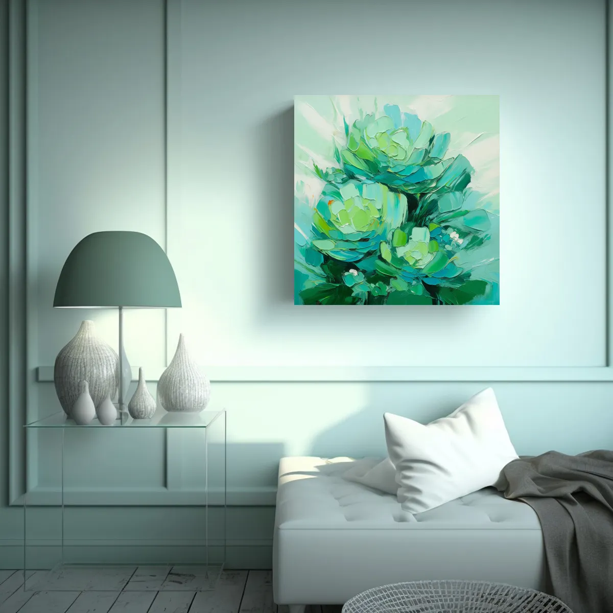 GENERICO - Cuadro Creativo De Flores Verdes Y Turquesas 80x80 Cm.