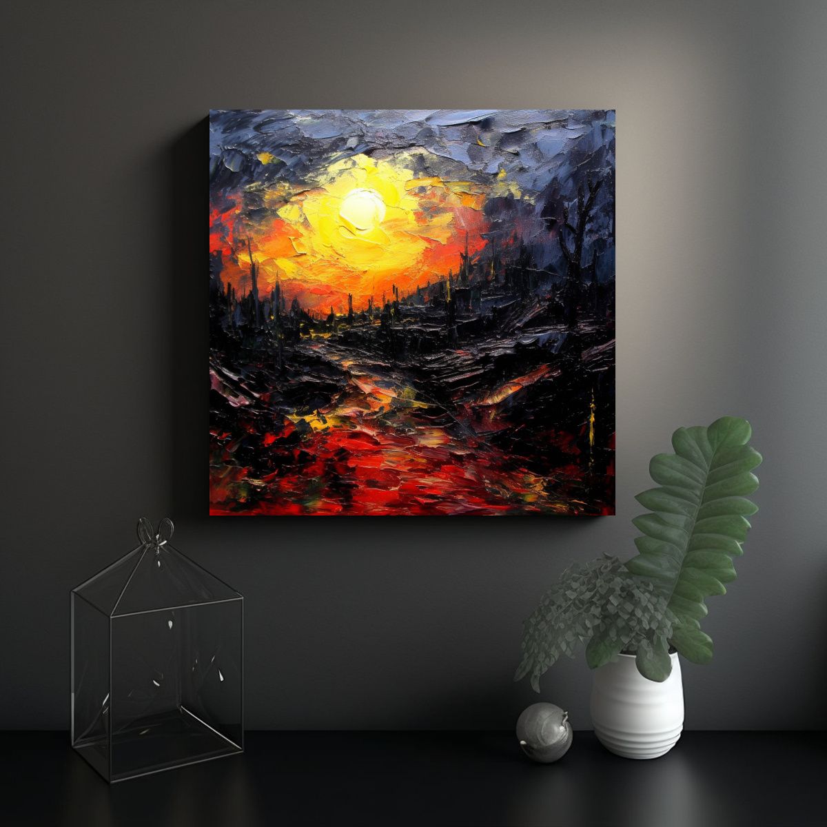GENERICO - Pintura Paisaje Estilo Oscuro Expresivo En 90x90 Cm.