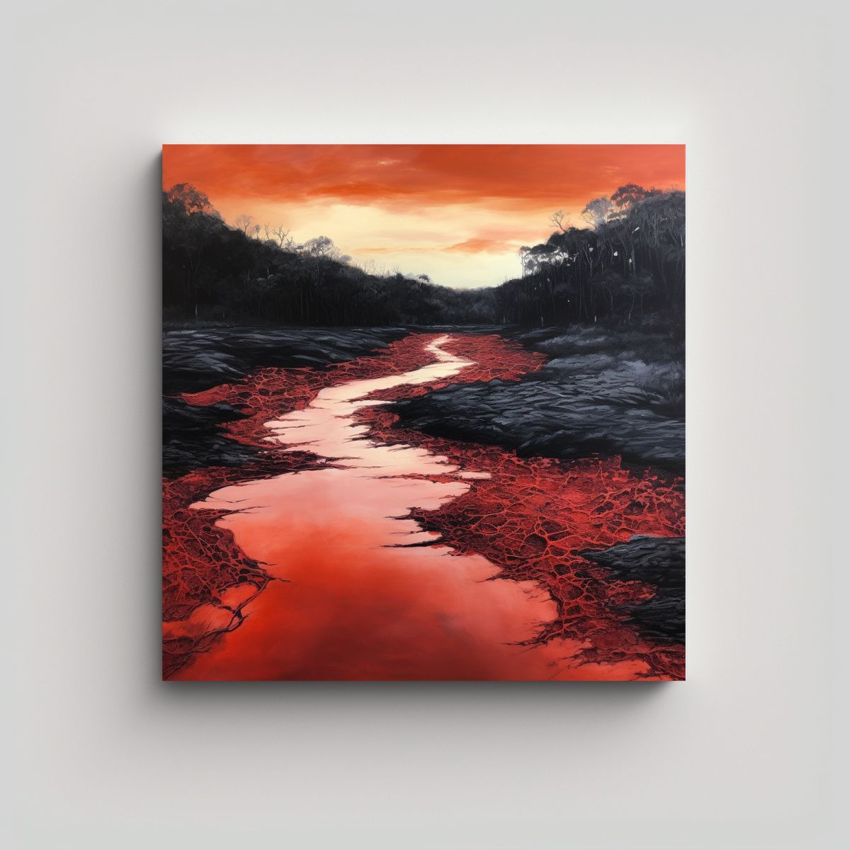 GENERICO - Cuadro De Río Rojo Y Negro Para Decoración 90x90 Cm