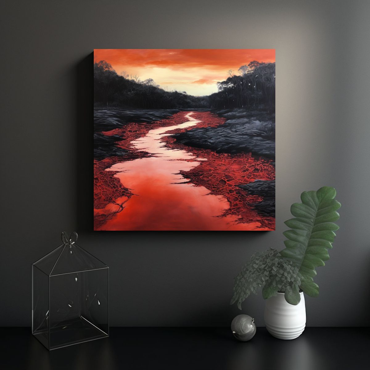 GENERICO - Cuadro De Río Rojo Y Negro Para Decoración 90x90 Cm
