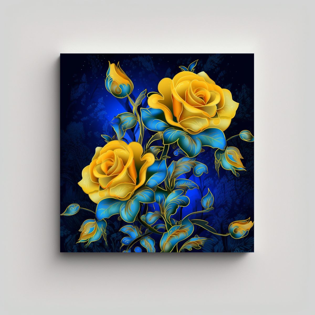 GENERICO - Escena 3D De Rosas Amarillas En Fondo Azul - Arte 70x70 Cm