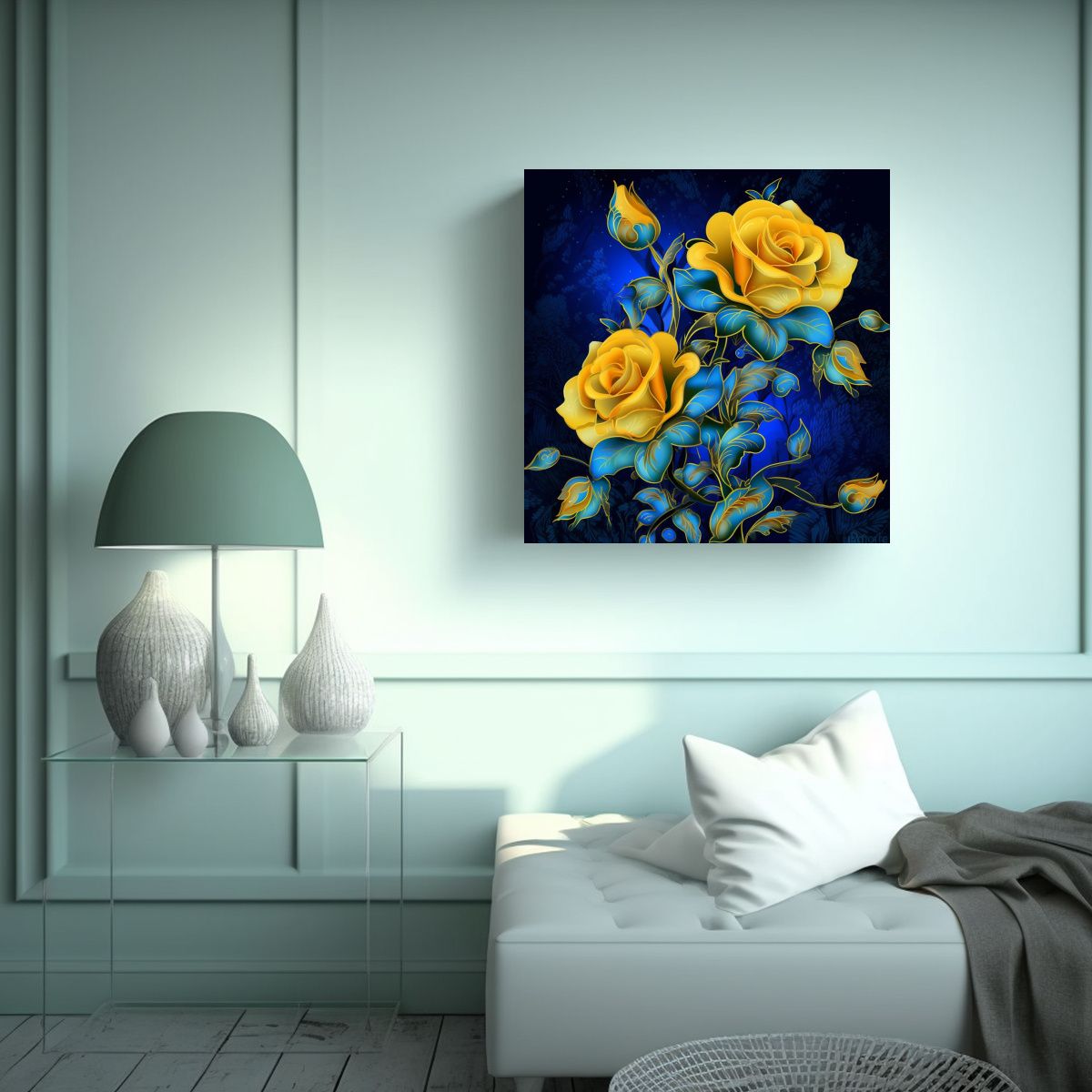 GENERICO - Escena 3D De Rosas Amarillas En Fondo Azul - Arte 70x70 Cm