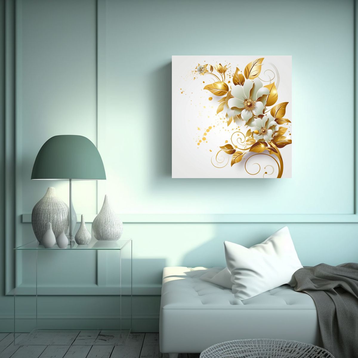 GENERICO - Diseño Gráfico De Flores En Lienzo Oro Blanco 70x70 Cm