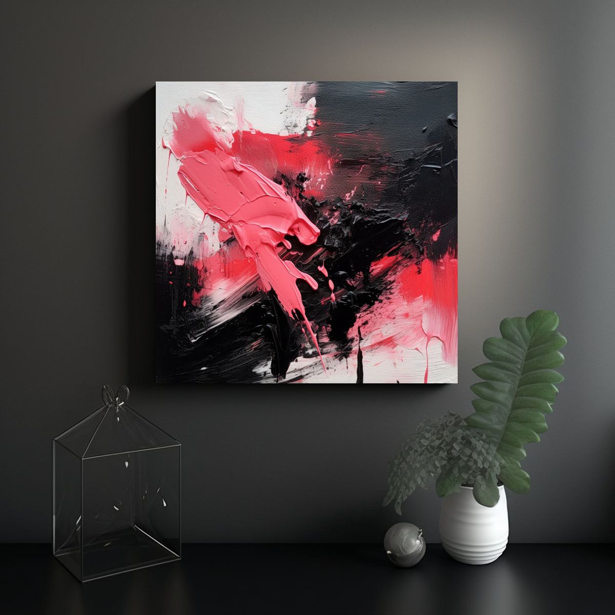 GENERICO - Pintura Abstracta En Negro Y Rosa Rojo Brillante 70x70 Cm
