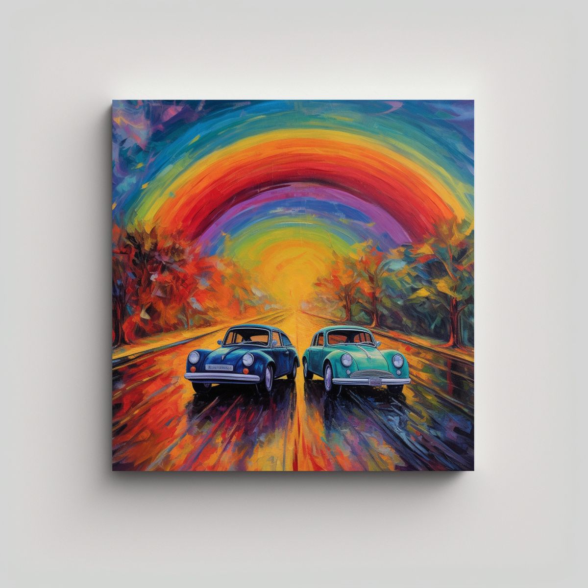 GENERICO - Cuadro Tela Vintage Coches Besándose Estilo Van 90x90 Cm
