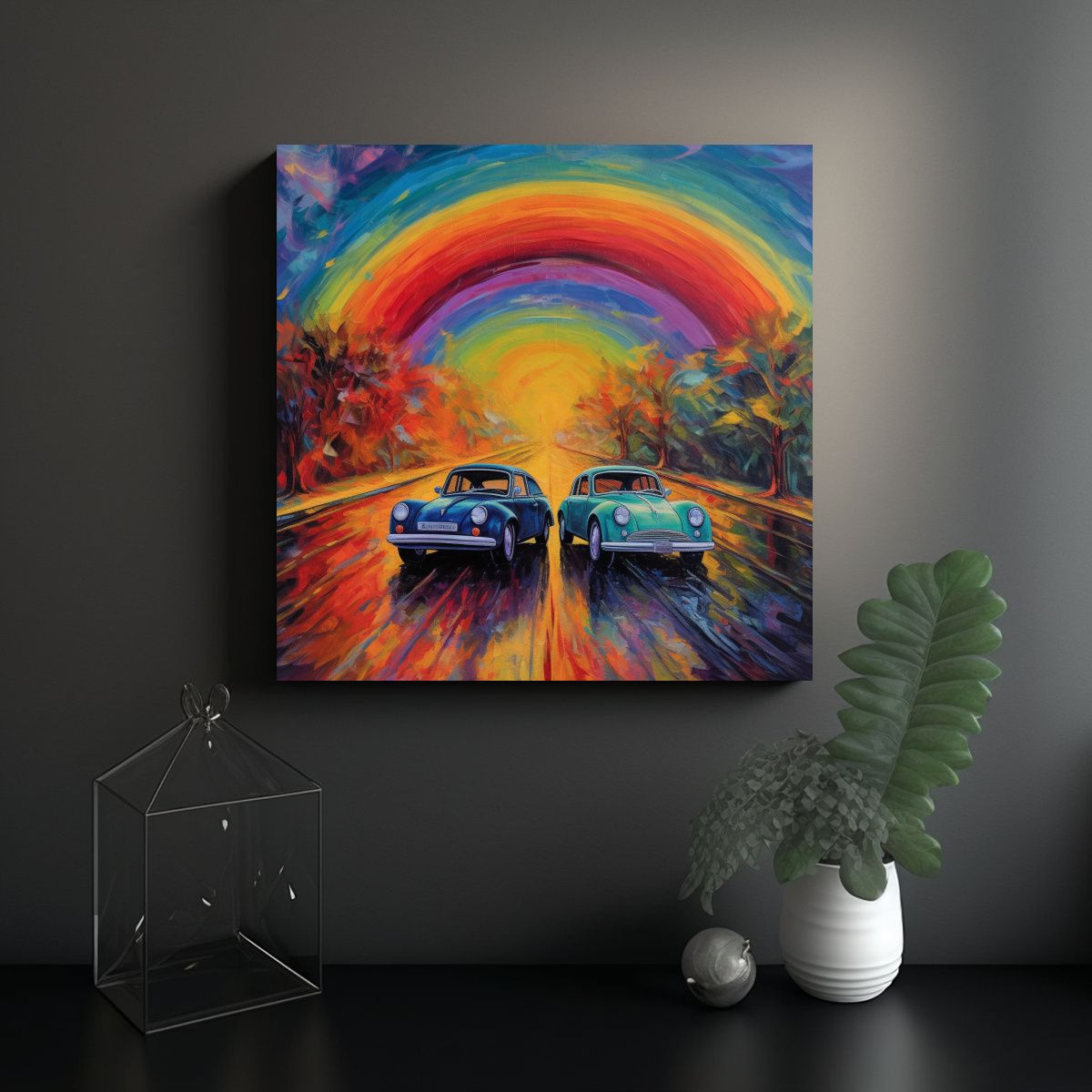GENERICO - Cuadro Tela Vintage Coches Besándose Estilo Van 90x90 Cm