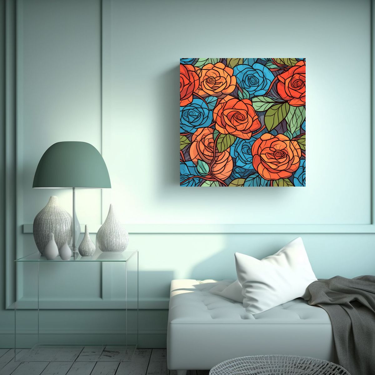 GENERICO - Bastidor De Tela Con Vitrales Y Rosas En Patrón 70x70 Cm