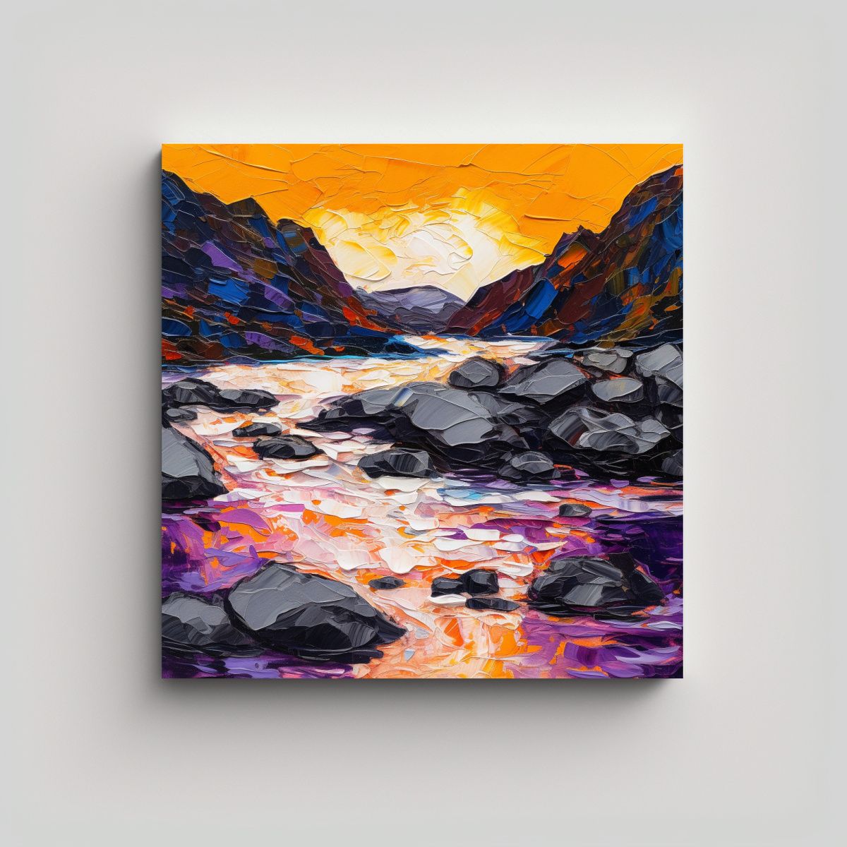 GENERICO - Pintura Al óleo De Un Río Rodeado De Montañas 90x90 Cm.