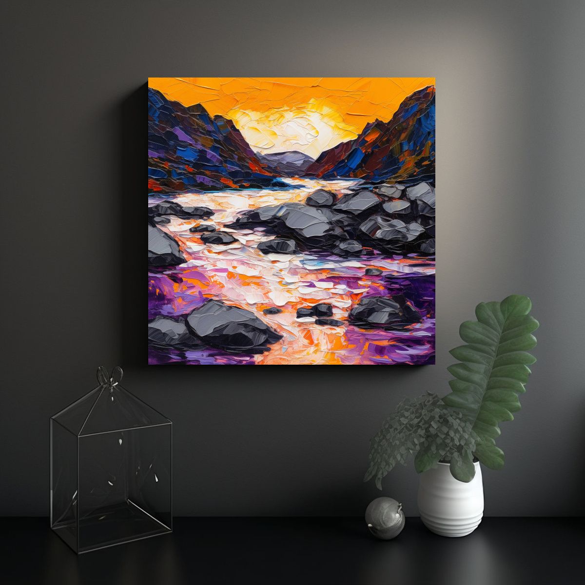 GENERICO - Pintura Al óleo De Un Río Rodeado De Montañas 90x90 Cm.