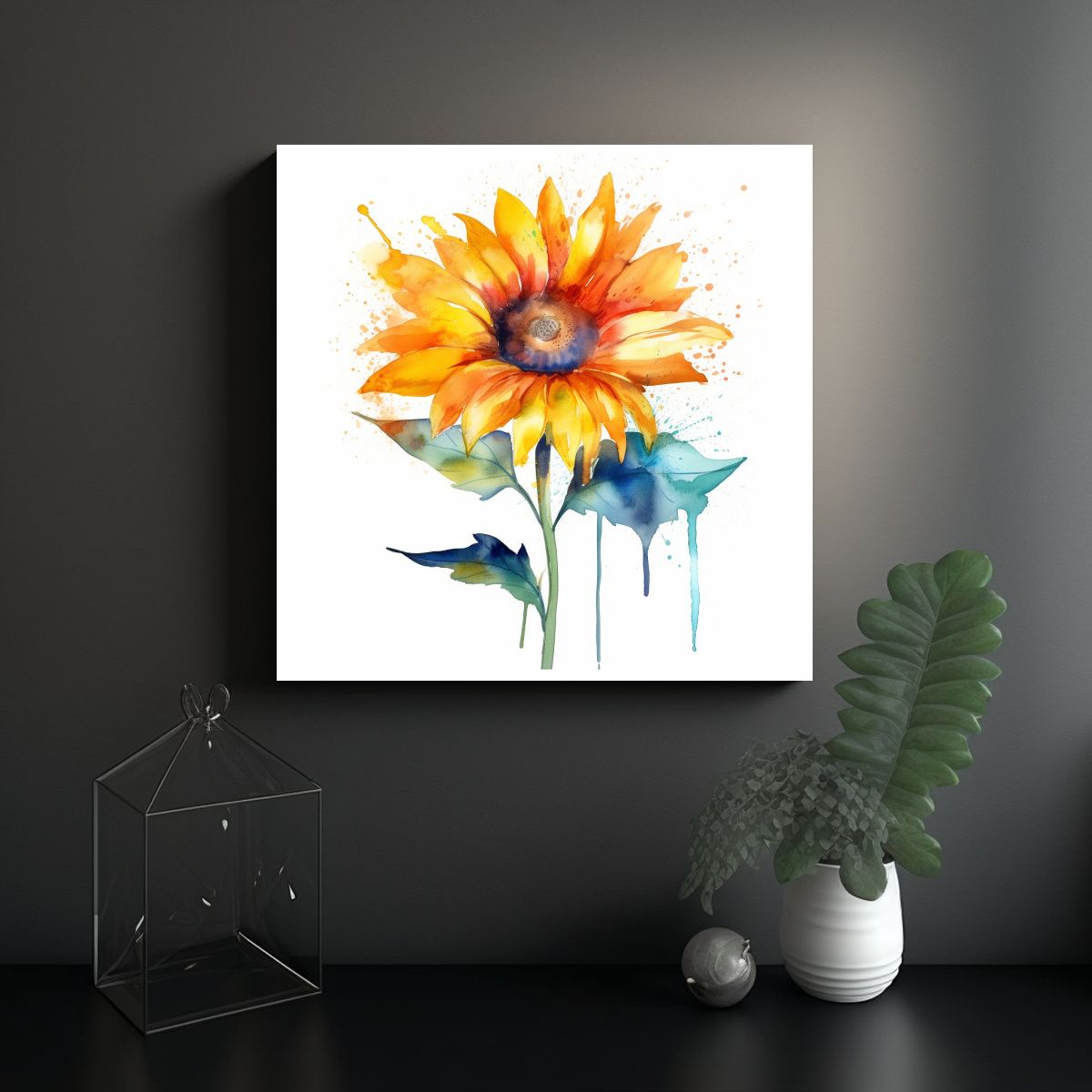 GENERICO - Cuadro Abstracto De Girasol En Acuarela Sobre 70x70 Cm