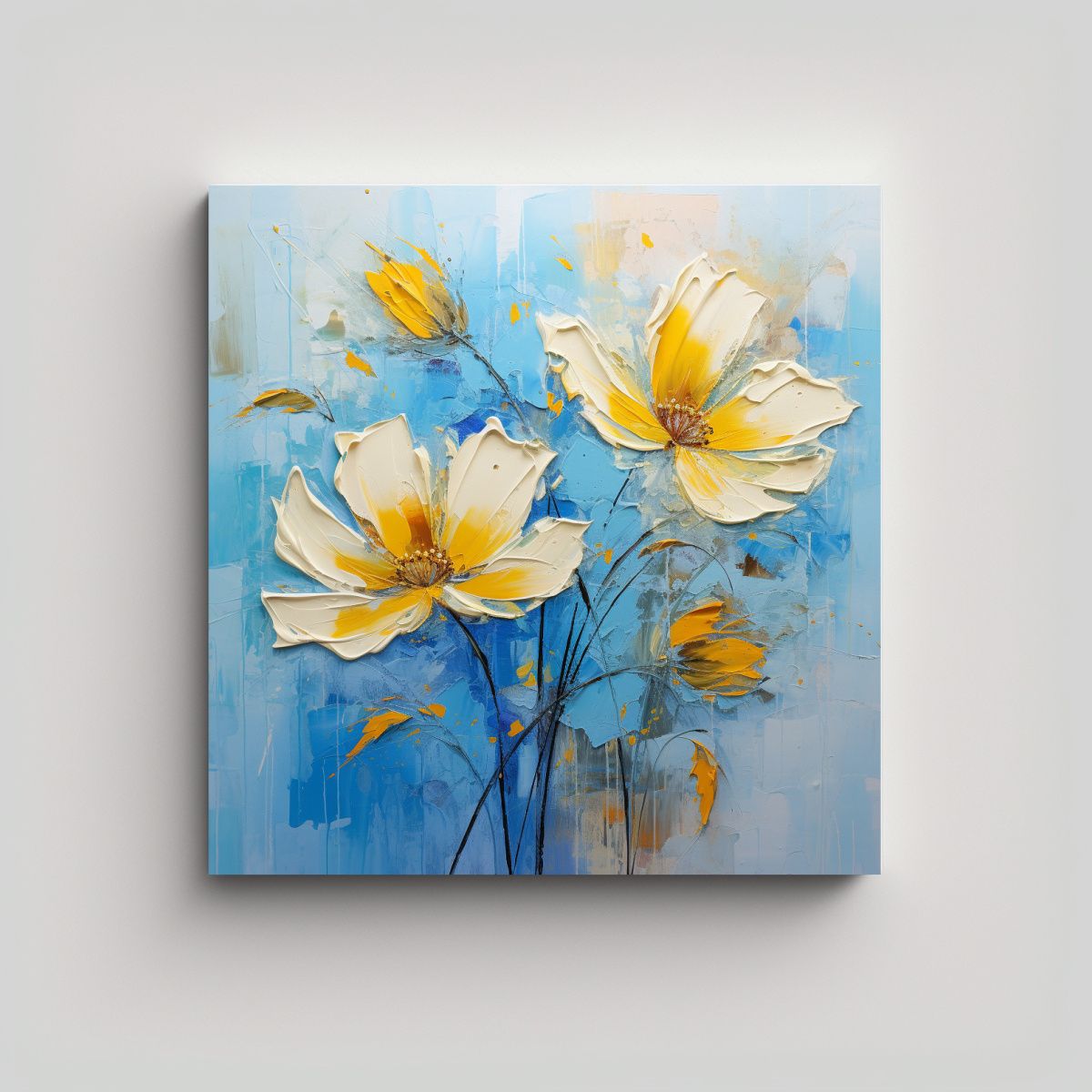 GENERICO - Pintura De Flores Amarillas Y Azules En Relieve 80x80 Cm