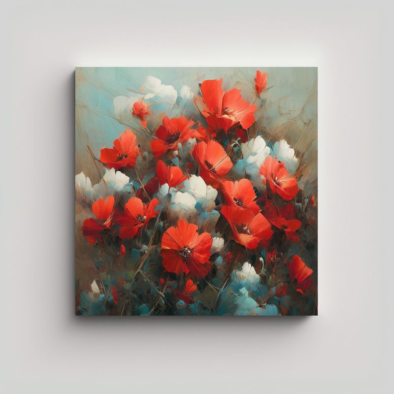 GENERICO - Cuadro Flores Turquesa Y Rojo En Bastidor De 80x80 Cm