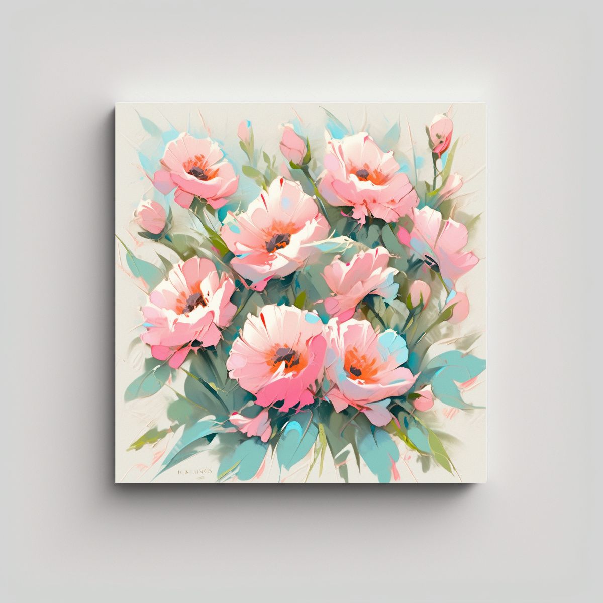 GENERICO - Cuadro Moderno Colorido Turquesa Y Rosa Flores En 90x90 Cm