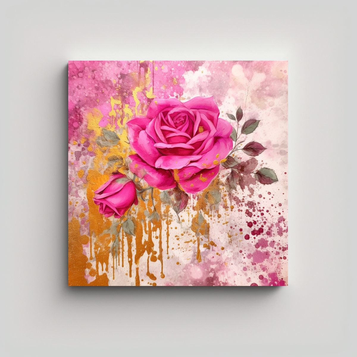 GENERICO - Cuadro Tela Diseño Acuarela Rosa Brillante Y Oro 80x80 Cm.