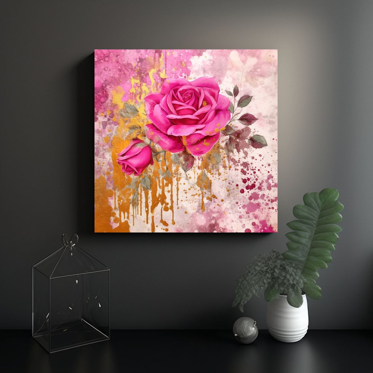 GENERICO - Cuadro Tela Diseño Acuarela Rosa Brillante Y Oro 80x80 Cm.