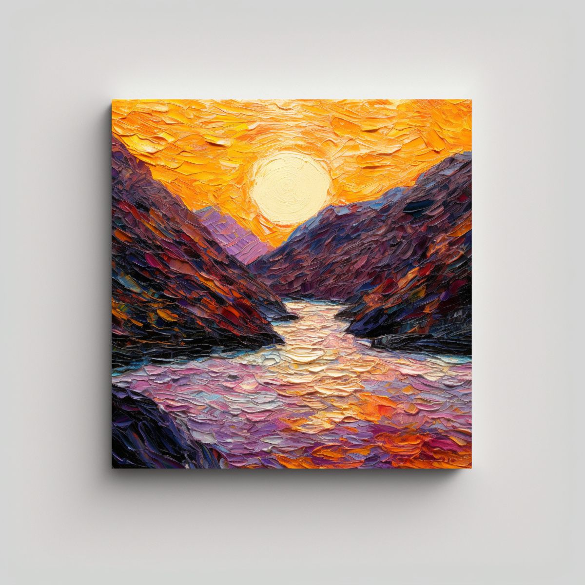 GENERICO - Pintura Al óleo De Un Río Rodeado De Montañas 70x70 Cm.