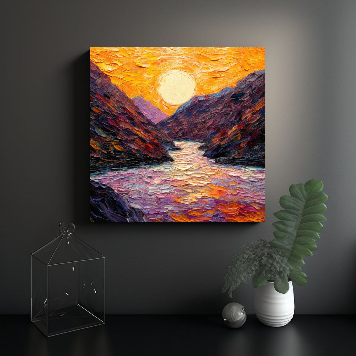 GENERICO - Pintura Al óleo De Un Río Rodeado De Montañas 70x70 Cm.