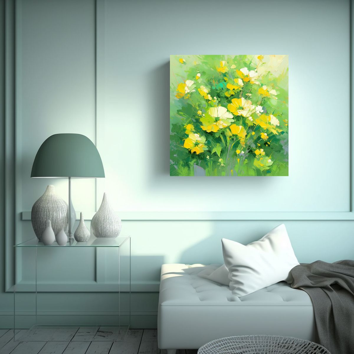 GENERICO - Cuadro Flores Amarillas Y Verdes En Lienzo 70x70 Cm