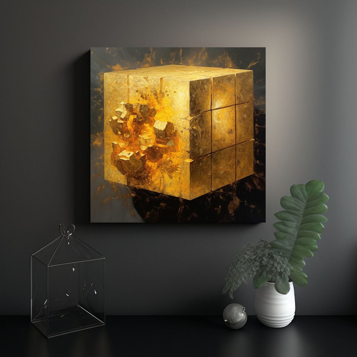 GENERICO - Cuadro Decorativo Arte De Pared Cubo Dorado En 80x80 Cm.