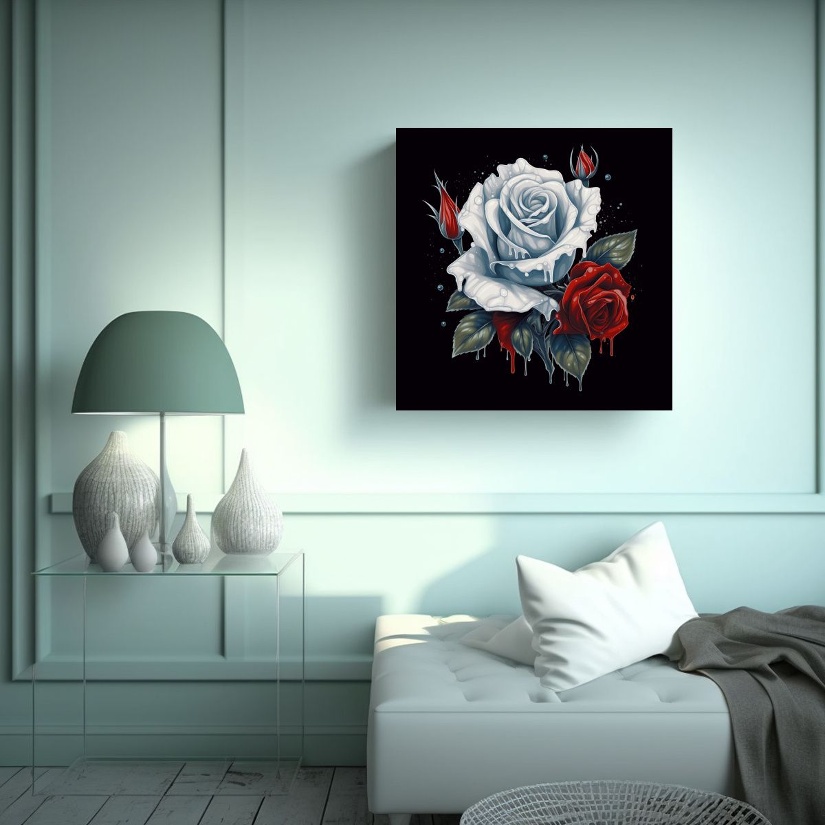 GENERICO - Belleza Gótica Rosa Roja Y Blanca Con Yemas En 80x80 Cm