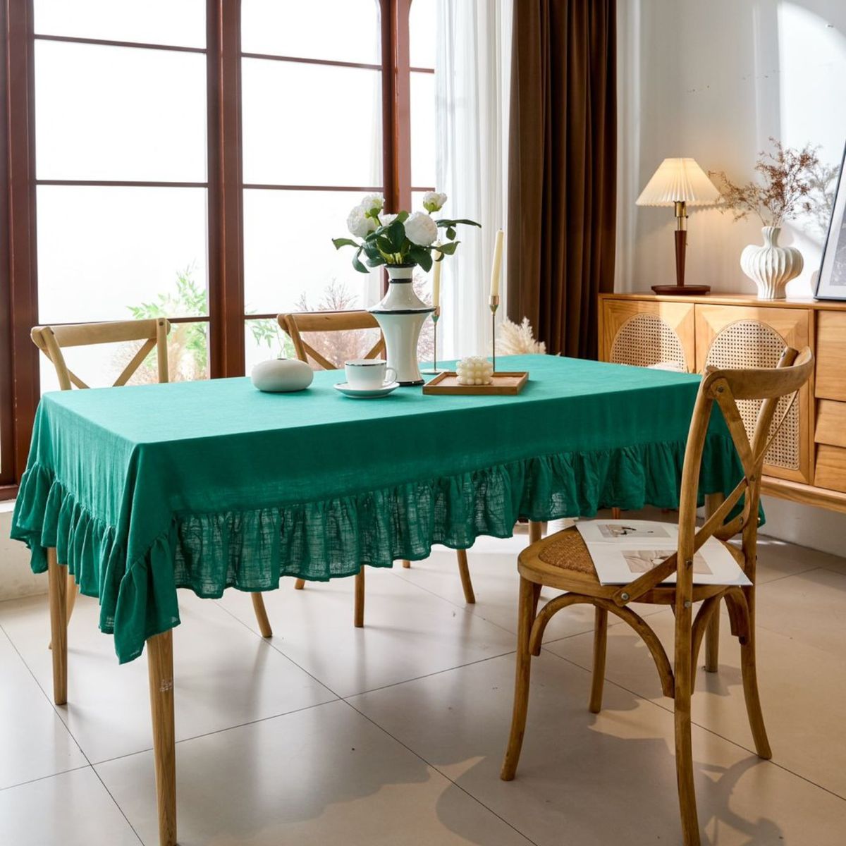ANGELES DEL HOGAR - Mantel de Lino Estilo Frances Calidad Premium 140x220cm Verde