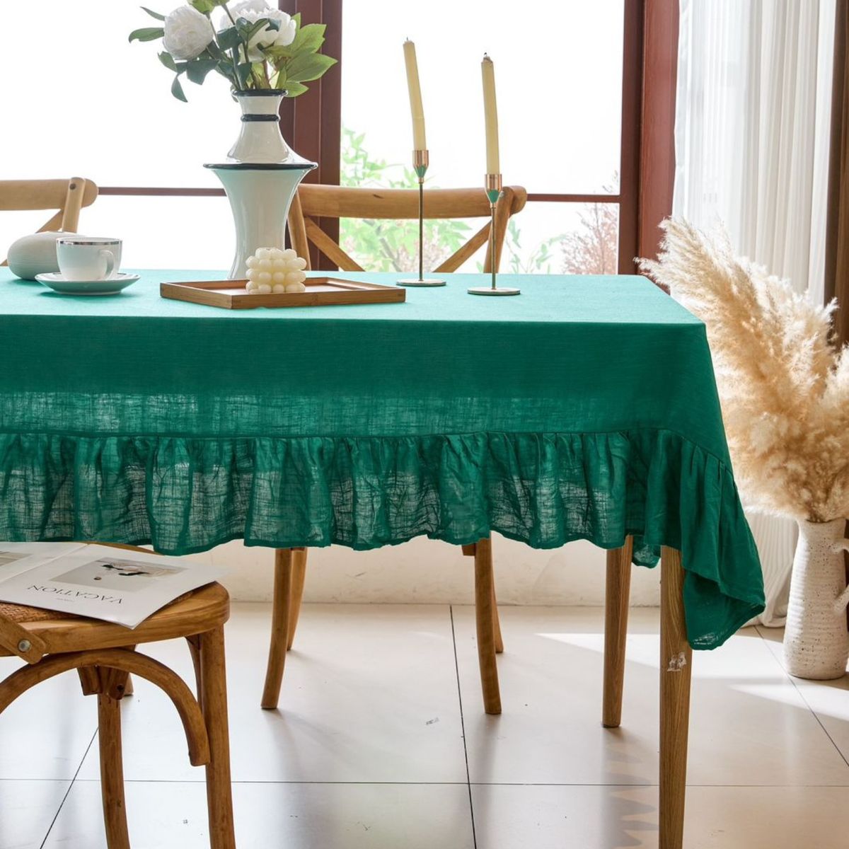 ANGELES DEL HOGAR - Mantel de Lino Estilo Frances Calidad Premium 140x220cm Verde