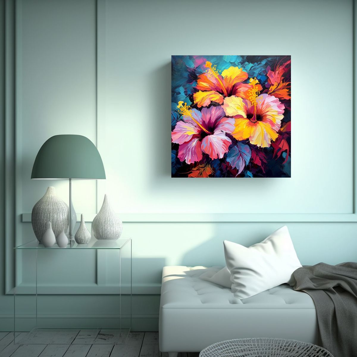 GENERICO - Espectacular Tela Simetrica Flores De Hibiscus 90x90 Cm.