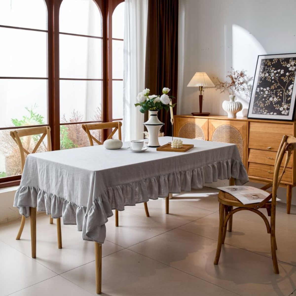 ANGELES DEL HOGAR - Mantel de Lino Estilo Frances Calidad Premium 140x220cm Gris