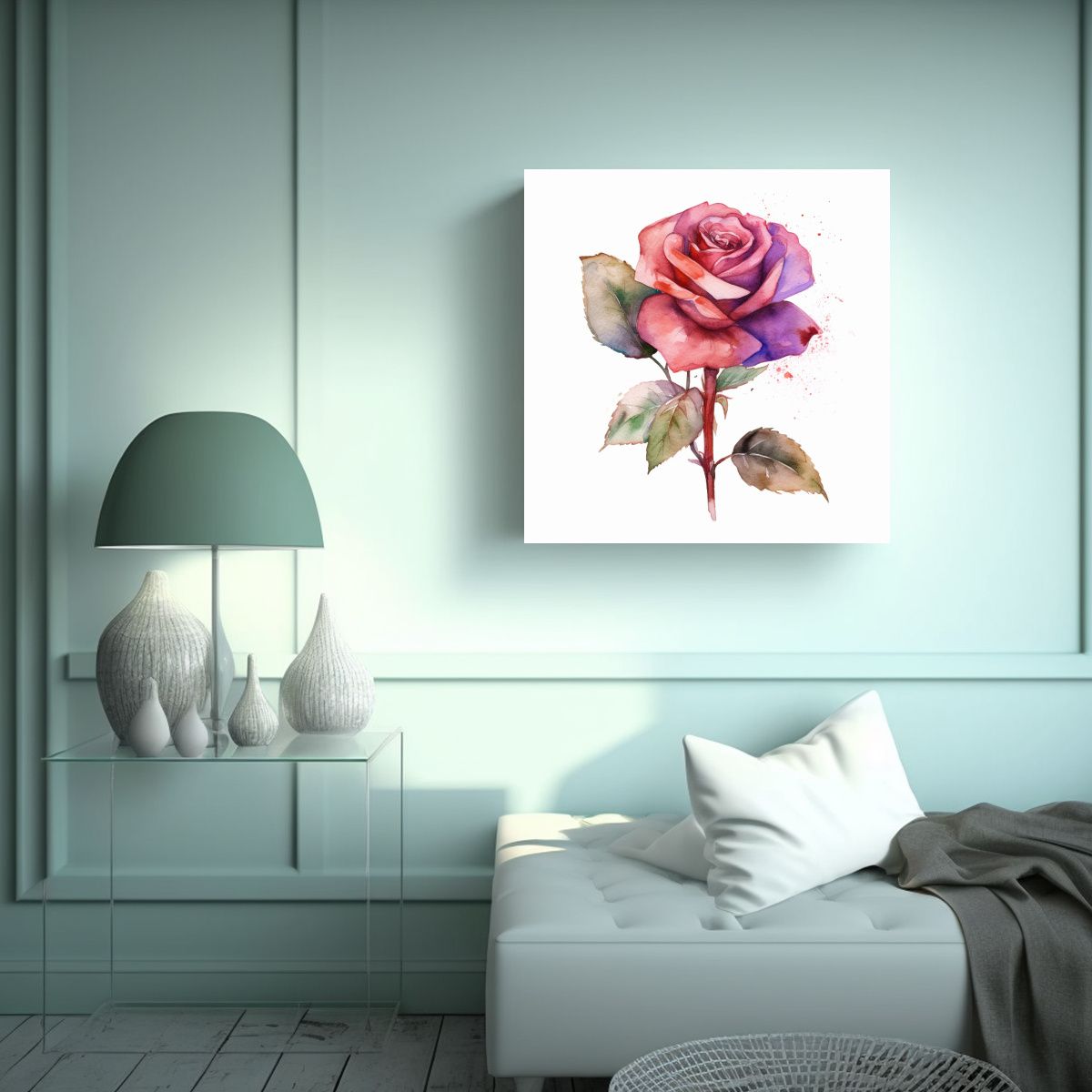 GENERICO - Ilustración Acuarela De Rosa En Tela Bastidor 80x80 Cm.
