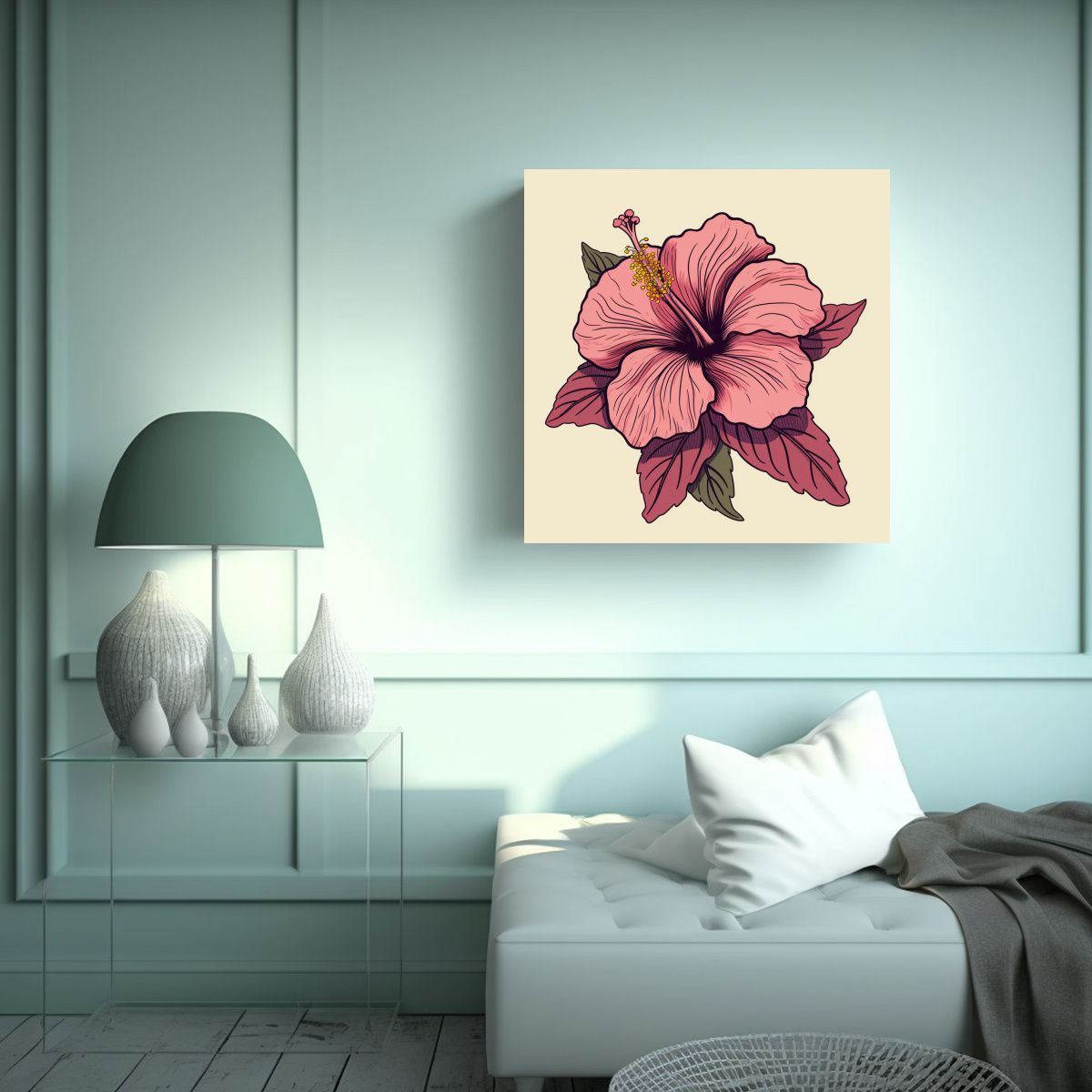 GENERICO - Ilustración De Hibiscus En Acuarela Y Línea 70x70 Cm