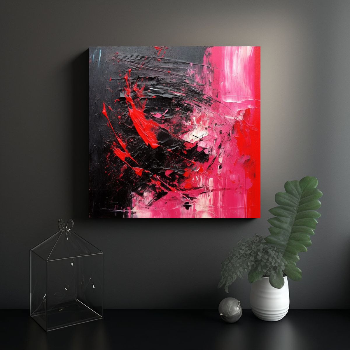 GENERICO - Cuadro Abstracto Negro Y Rosa Brillante Con Forma 80x80 Cm